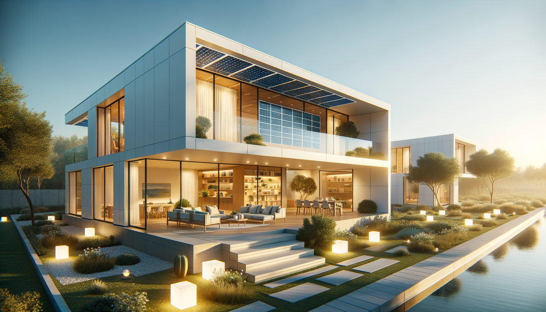 sunlit modern home with solar panels and glowing led lights, warm and inviting interior