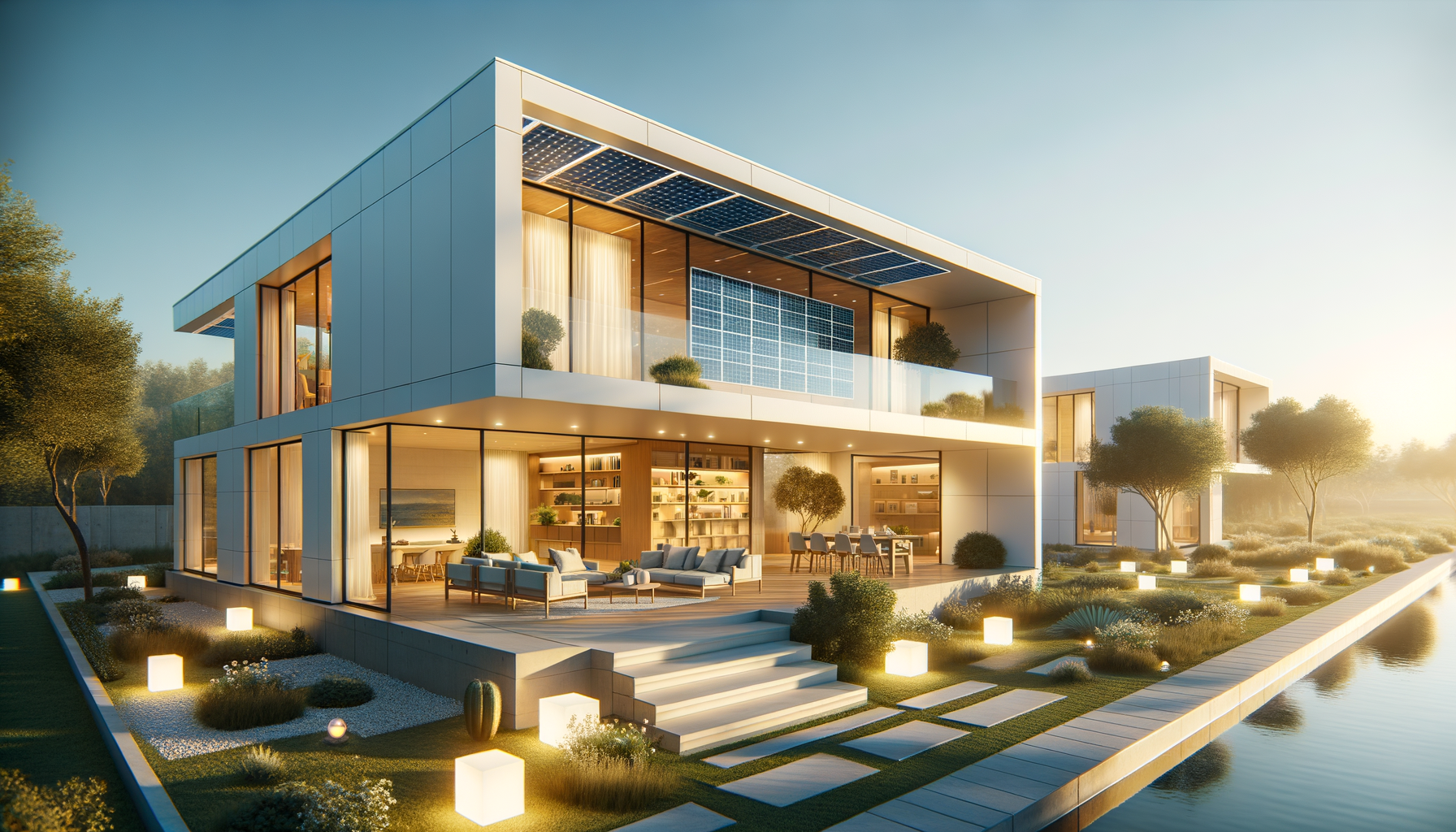 sunlit modern home with solar panels and glowing led lights, warm and inviting interior
