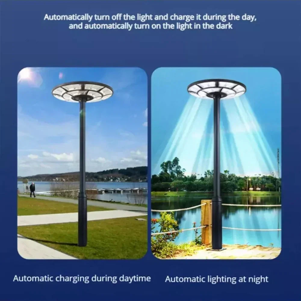 INV-Austral – Foco Solar LED 2000W UFO, ideal para iluminación exterior agrícola o rural, recarga solar y luz nocturna eficiente. Chile