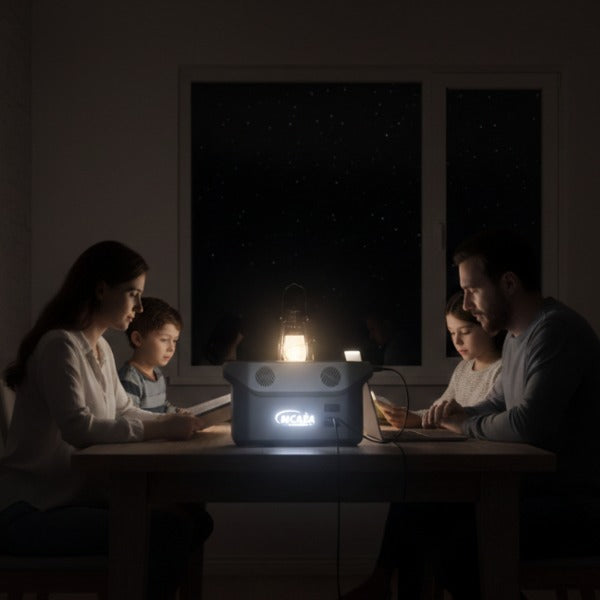 INV-Austral – Familia leyendo con lámpara LED portátil alimentada por estación de energía solar Inversiones Austral 300W. Chile