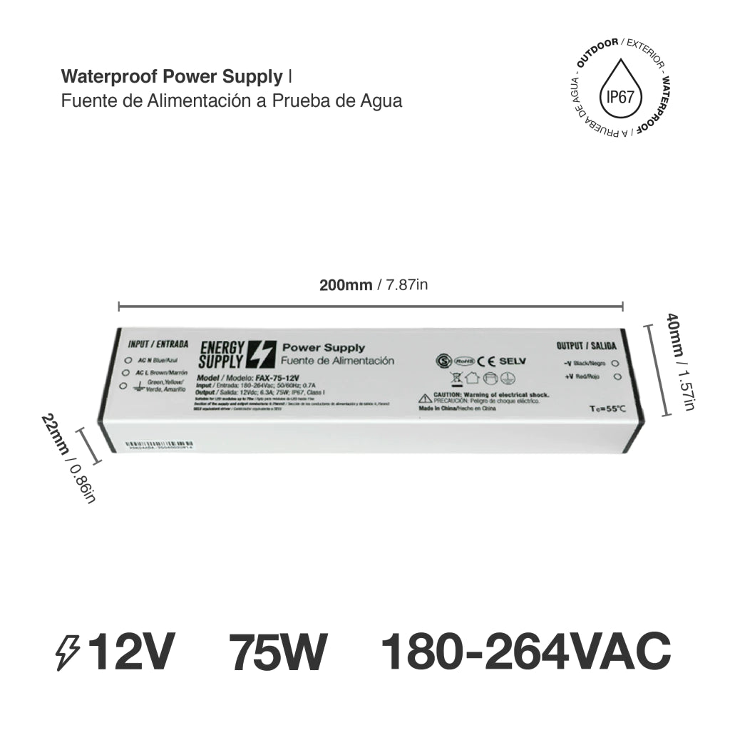 Fuente de Poder LED 24V 75W 3A Exterior IP67 - Impermeable Profesional