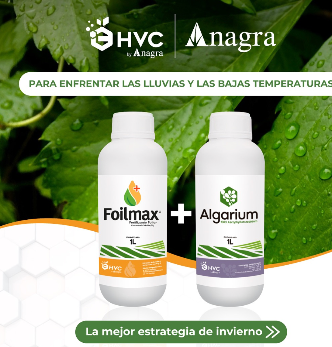 INV-Austral – Kit Algarium + Foilmaix Anagra 2L para agricultura, protege cultivos del frío y la lluvia, fondo hojas verdes. Chile