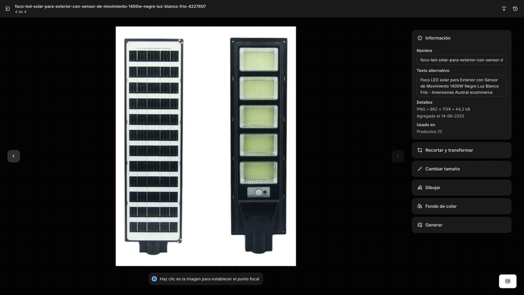 INV-Austral – Foco faro solar LED 1000W ideal para iluminación exterior eficiente en agricultura y tecnología, vista frontal y lateral. Chile
