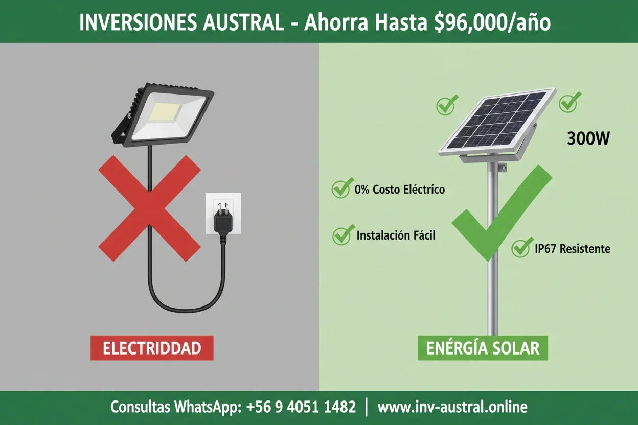 INV-Austral – Luz LED solar Inversiones Austral con panel, ideal para iluminación sostenible en agricultura y tecnología. Chile
