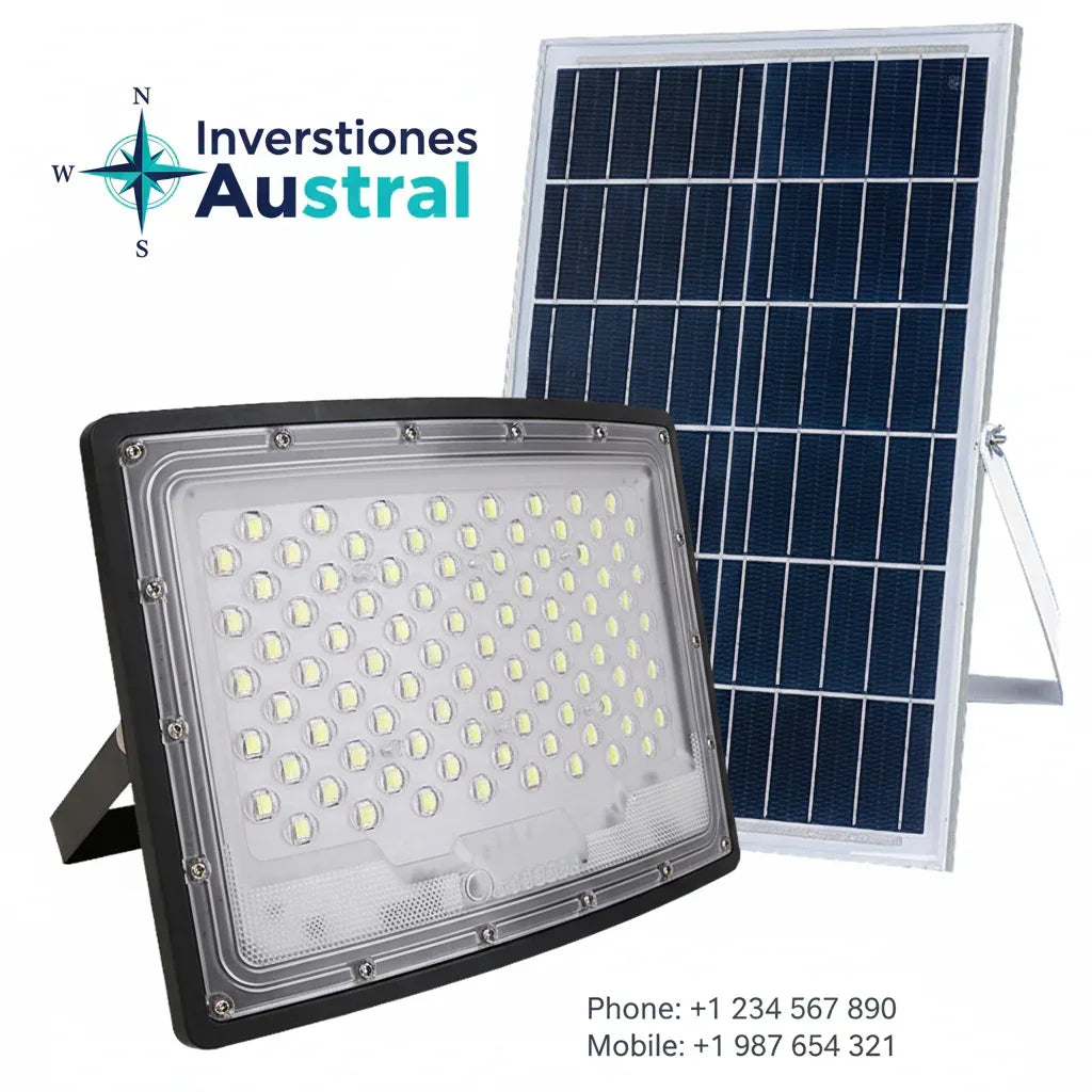 Foco solar con logo Inversiones Austral