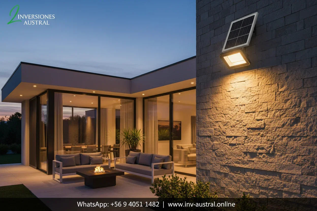 Casa moderna al anochecer con grandes ventanales y área exterior con sofás y fogata. Un Foco Solar LED 300W IP67 con Panel Solar Independiente ilumina el muro de piedra. Logo y contacto de Inversiones Austral visibles.