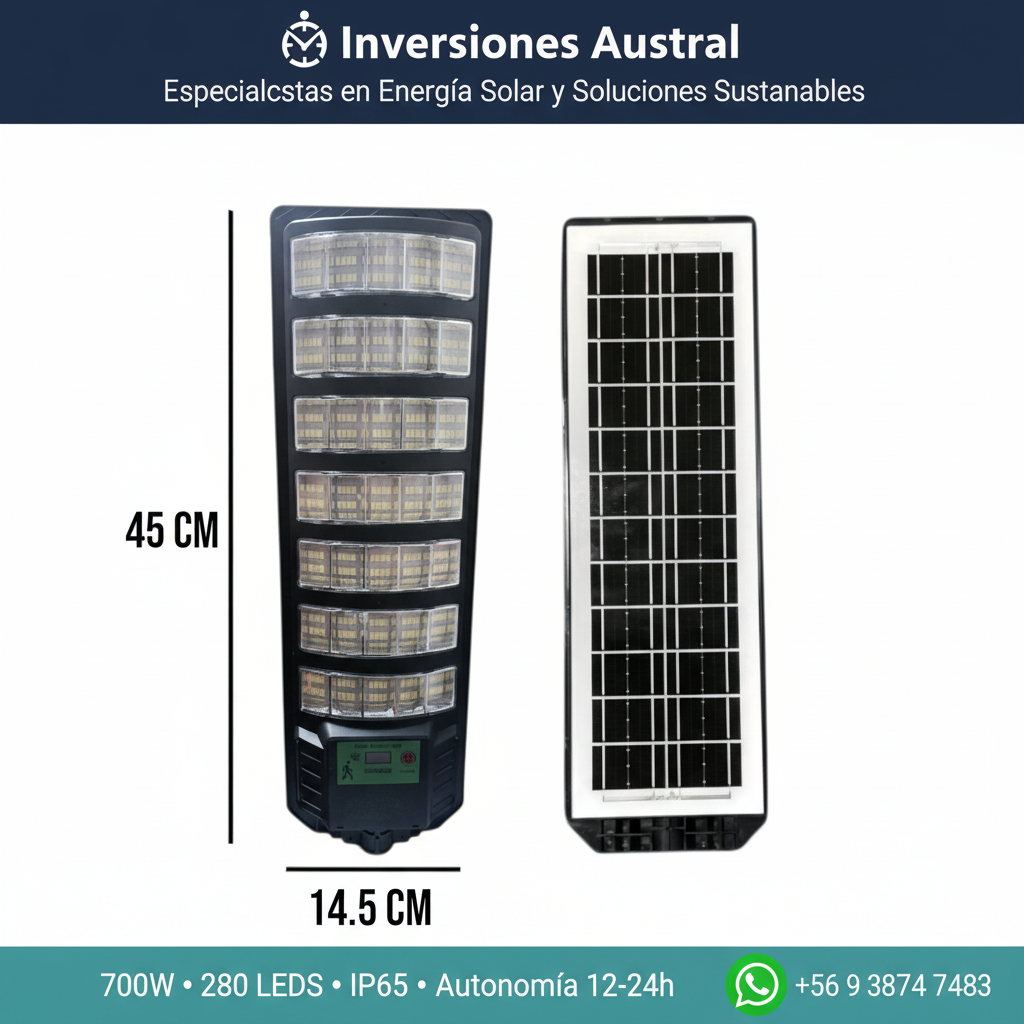 INV-Austral – Foco solar LED 700W IP65 con control remoto, ideal para iluminación eficiente en agricultura o exteriores. Chile