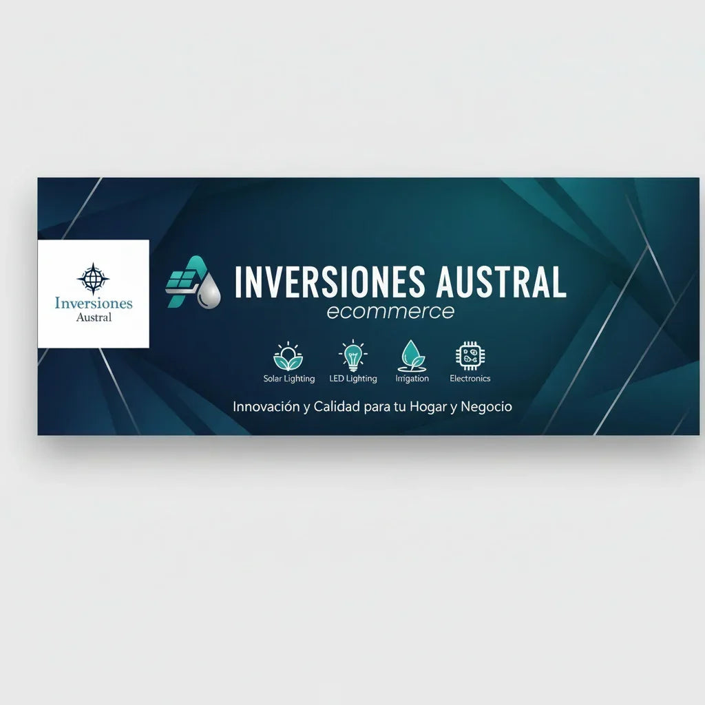 INV-Austral – Banner de tienda online chilena con íconos de iluminación LED, riego agrícola y tecnología electrónica. Chile