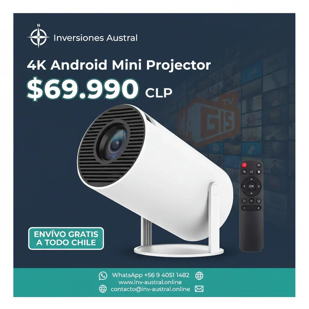 INV-Austral – Proyector portátil UHD 4K para cine en casa, tecnología avanzada ideal para entretenimiento familiar. Chile