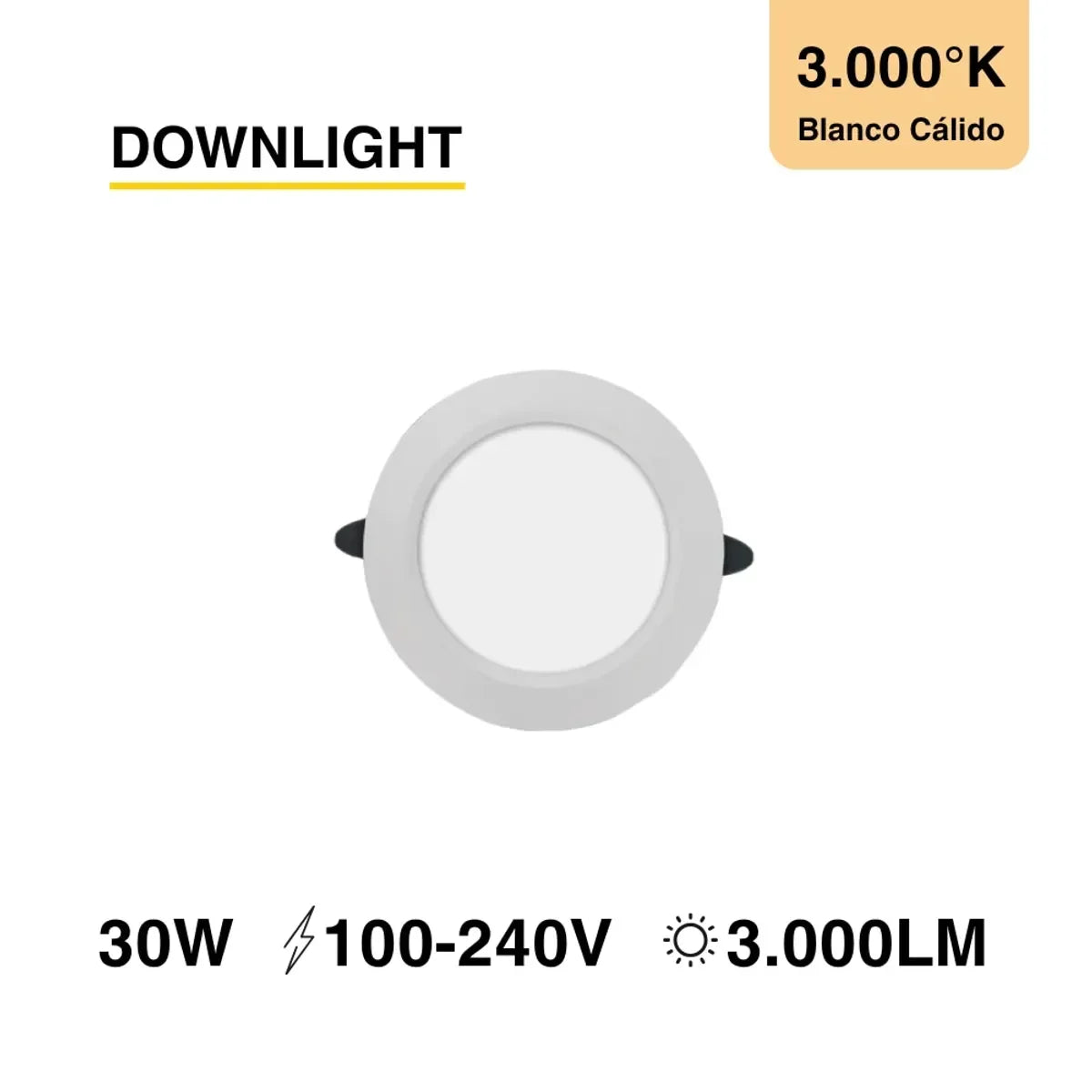 Round white Foco Panel Techo Austral 12W LED with “DOWNLIGHT” text above, 3000°K warm white light, iluminación profesional empotrada, 100–240V voltage, and icons/text showing brightness on a white background.